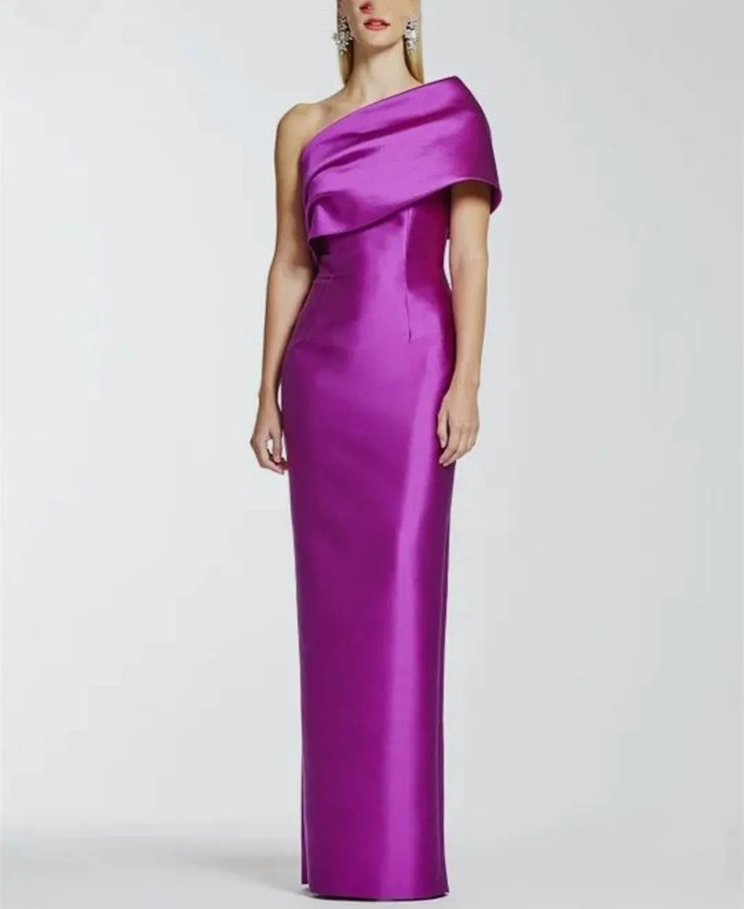 

Elegant Long One Shoulder Satin Evening Dresses With Bow Mermaid Fuchsia Floor Length Prom Dresses With Slit for Women