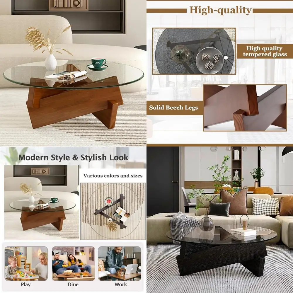 

Modern Farmhouse Style Glass Coffee Table with Solid Wood Legs for Living Room