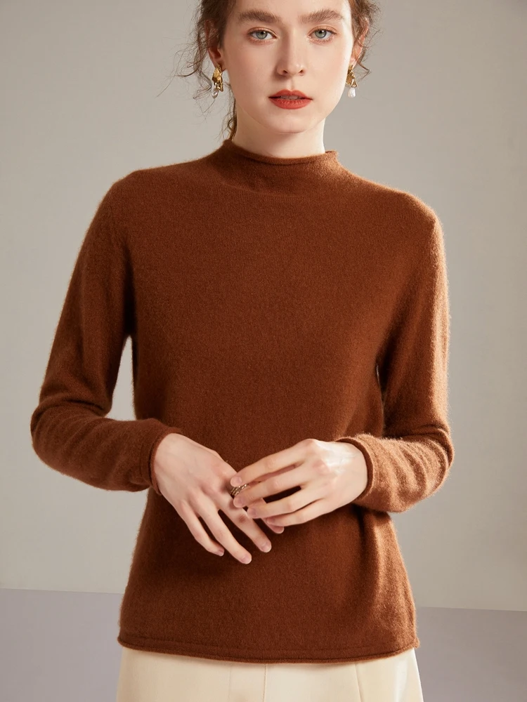 High-end Rolled Collar 100% Goat Cashmere Sweater Women's New Tops Autumn Winter Long Sleeve Knitted Pullover Casual Base Shirt