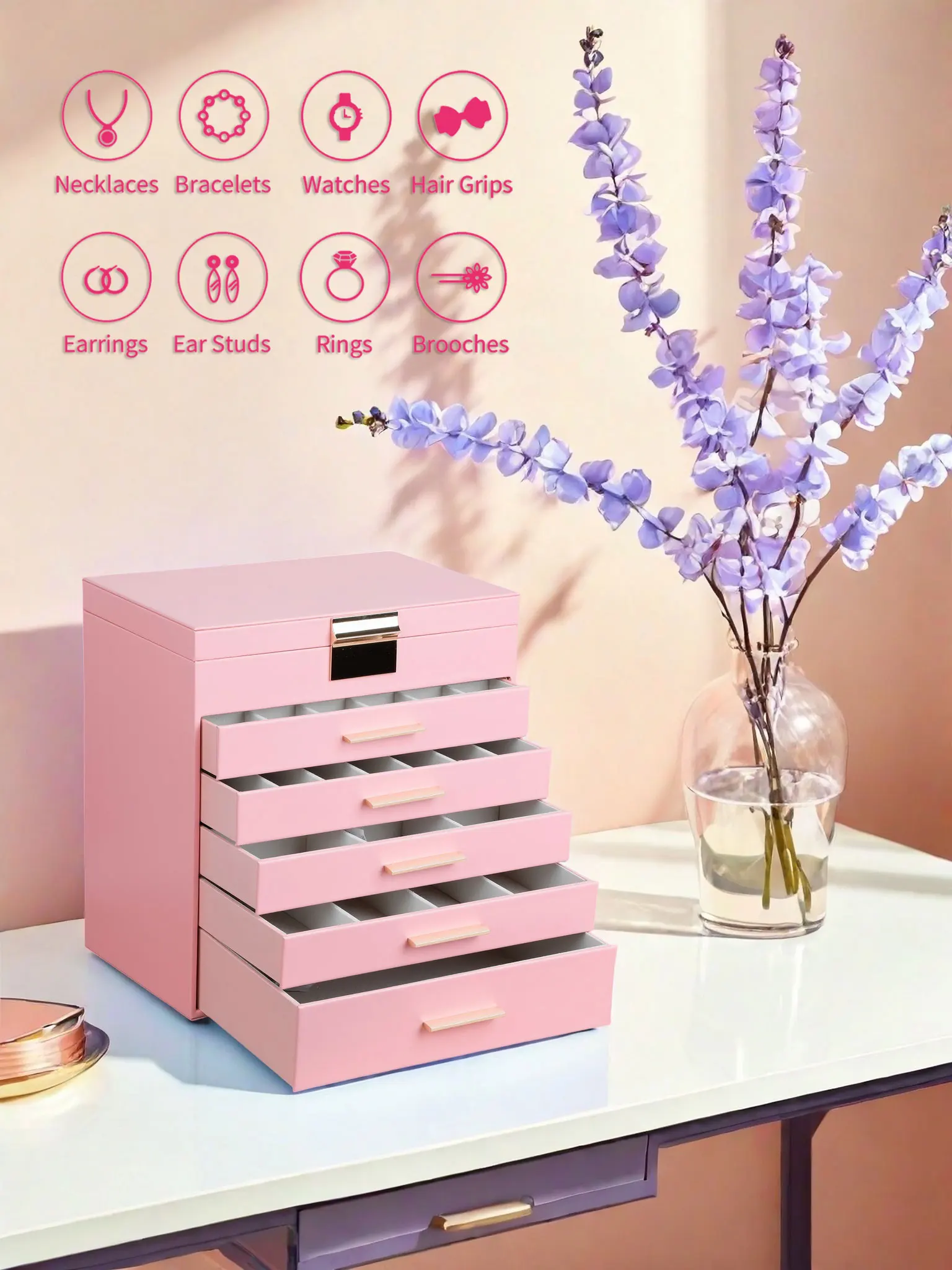 Large Jewelry Box,6-Tier PU Leather Jewelry Organizer ,Multi-functional Storage Case with Mirror,Accessories Holder wit ﻿