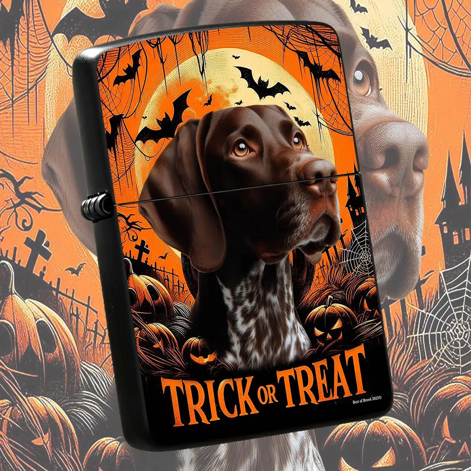 Halloween German Shorthaired Pointer Decor Lighter, Spooky Trick or Treat Themed Portable Igniter, Multi-Scenario Use, Ideal Holiday Gift for Pet Lovers, Spooky Moon Bat Pumpkin Pattern, Unique Festive Decorative Collectible for Daily Outd