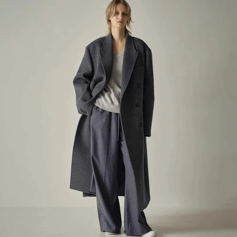 Długi wełniany płaszcz damski na jesień zimę 2025 Nowa moda Garnitur Kołnierz Luźna odzież wierzchnia Płaszcz z wełny kaszmirowej