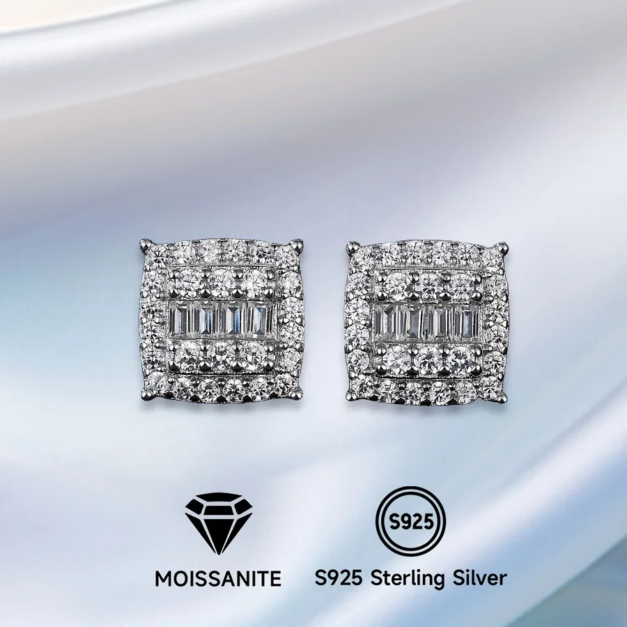 

925 Pure Silver Women's Earrings with 1.38 Carat Moissanite Square Single Row Cut - Luxurious Pair of Earrings