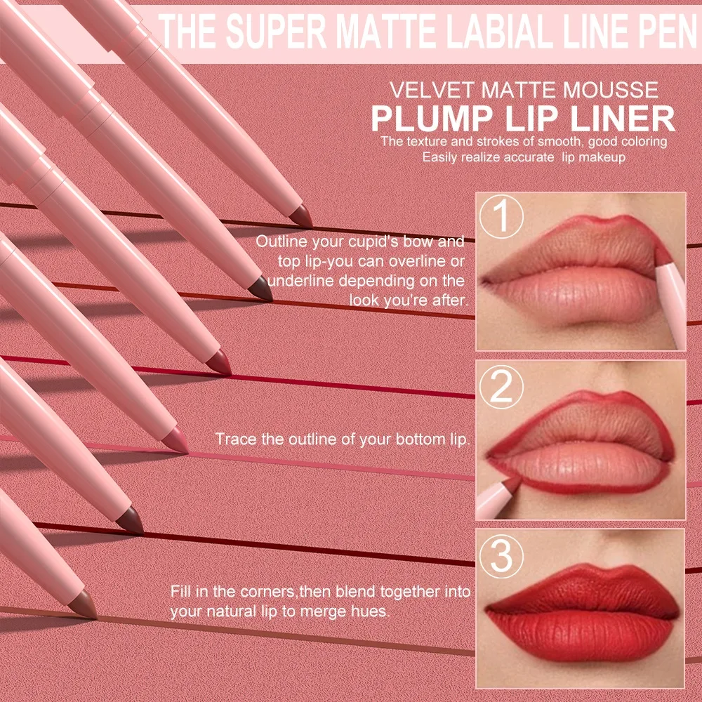 6pcs Matte Lip Liner Set Nude Brown Smooth Rose Red Pigmented Long Lasting Rotatable Lipstick Pencil Kit for Smooth Finish