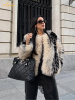 Color Block Faux Fur Thick Coat Women Casual Round Neck Full Sleeved Fluffy Loose Warm Outerwear Lady Winter Daily Street Jacket