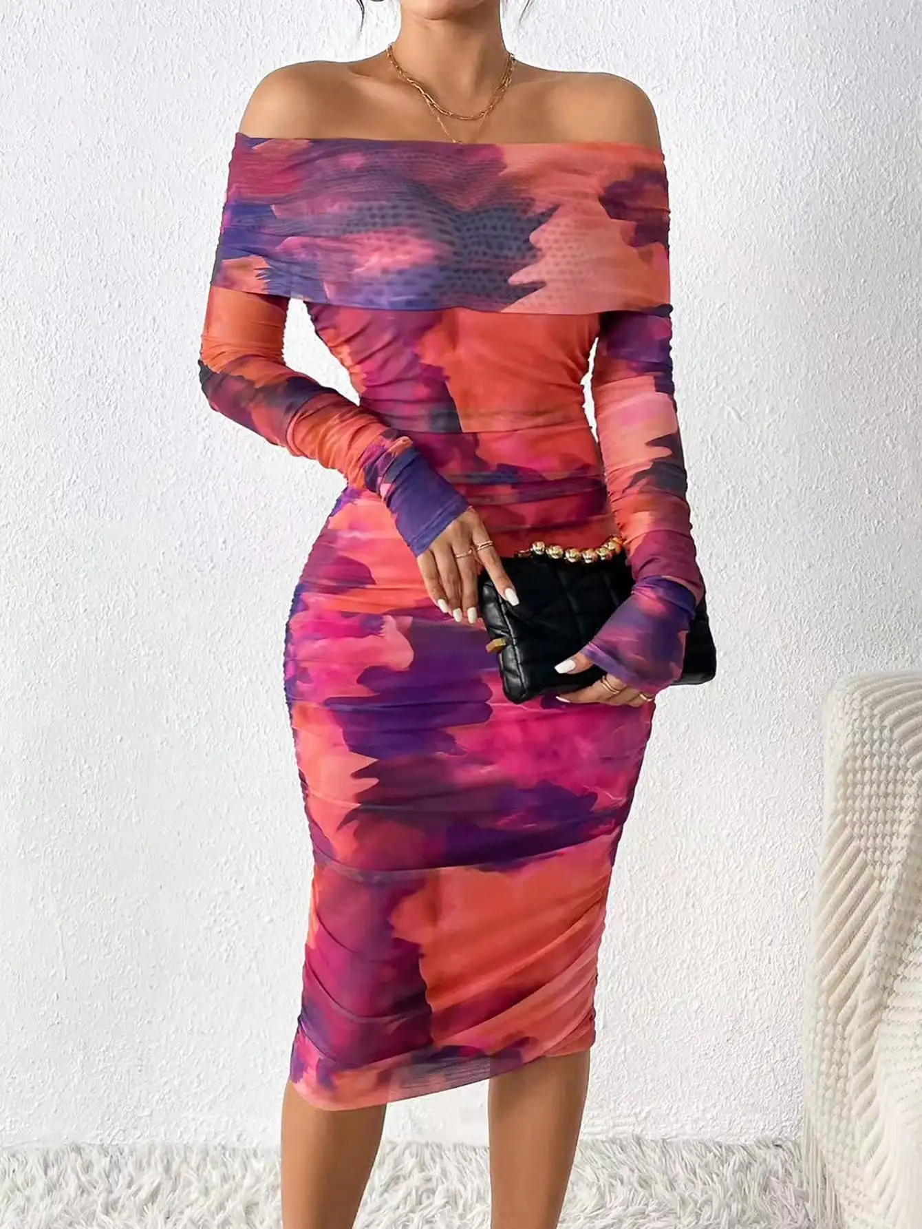 Privé Tie Dye Off Shoulder Ruched Bodycon Dress