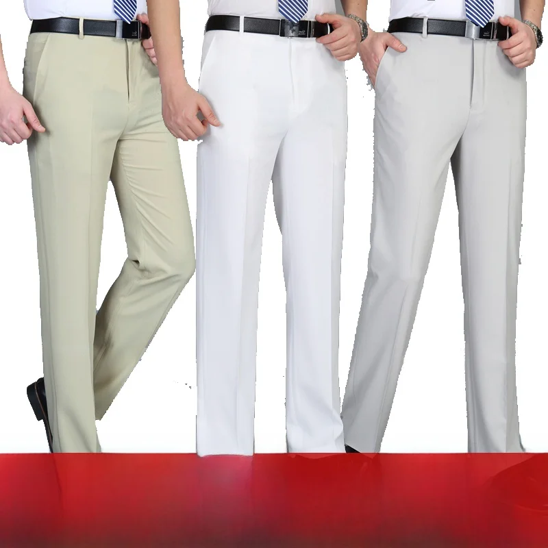 

New Summer Thin Men's Non-iron Silk Suit Pants High Waist Straight Leg Anti-wrinkle Light Yellow Casual Classic Sle Youth