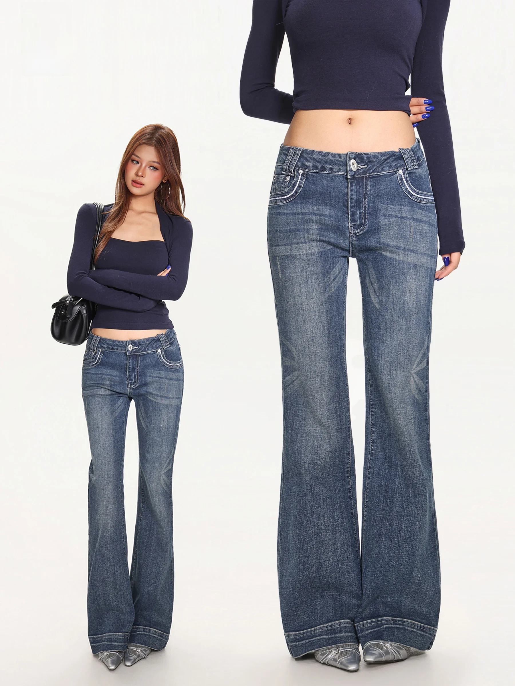 

Джинсовые джинсы-колокольчики с низкой талией, женские винтажные утягивающие расклешенные брюки с талией, прямые джинсы, осенний сезон, женская мода