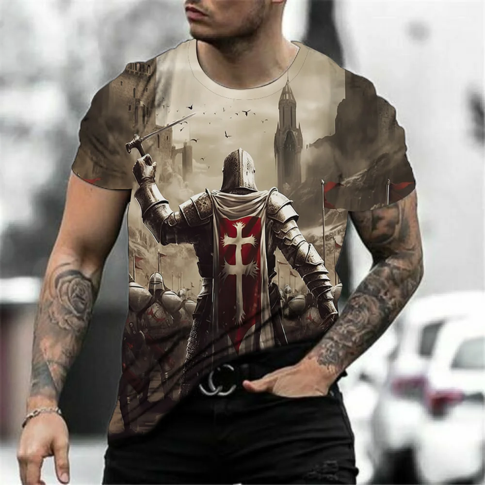 Retro Knights Templar Cross Print Men\'s T-shirts Summer Casual Loose Round- Neck Tee Shirt Sports Tees Oversized T Shirt For Men