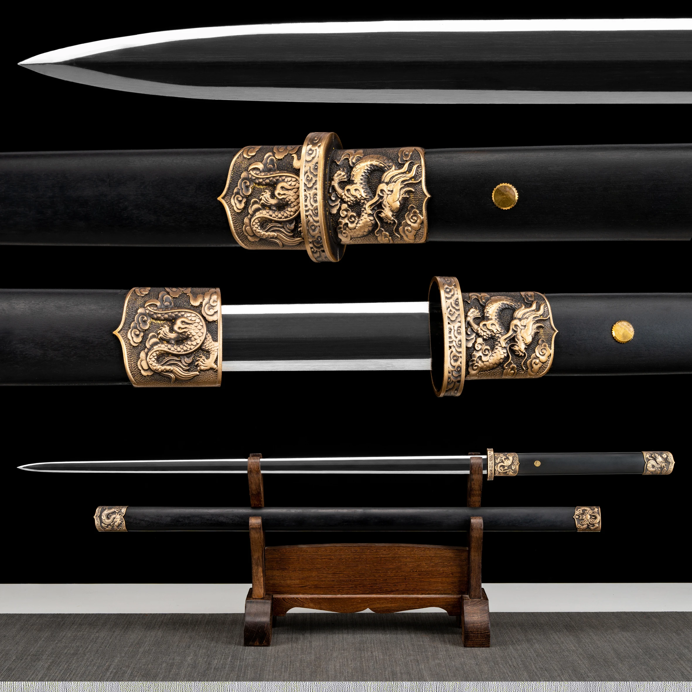 Emperor Golden Dragon Sword 5160 spring steel polished blade Dragon and Phoenix Walnut black scabbard Kung Fu Ninja Not sharp