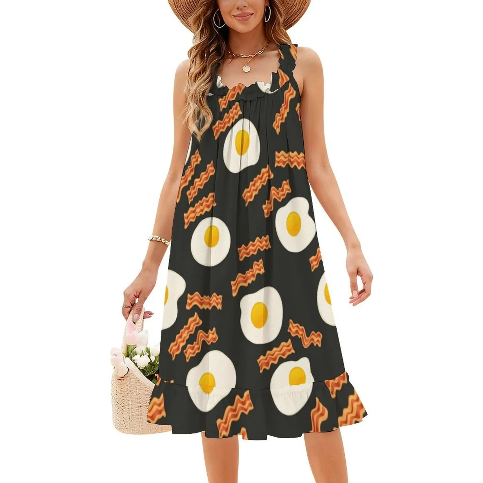 Ovo e beacon boêmio vestido sem mangas para mulheres impressão praia vestidos de festa bacon bacon e ovos porco bacon vestido para