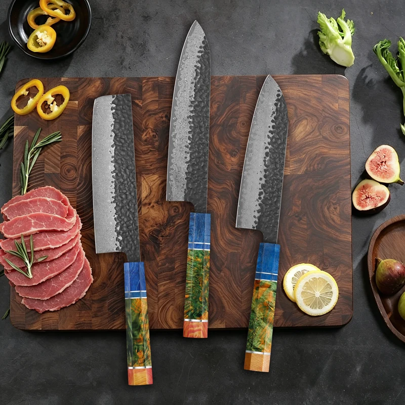 1-3 PCS Kitchen Knives Hand Forged 67 Layers Damascus Steel Sharp Chef Knife Santoku Nakiri Knife Cooking Colored Wood Handle