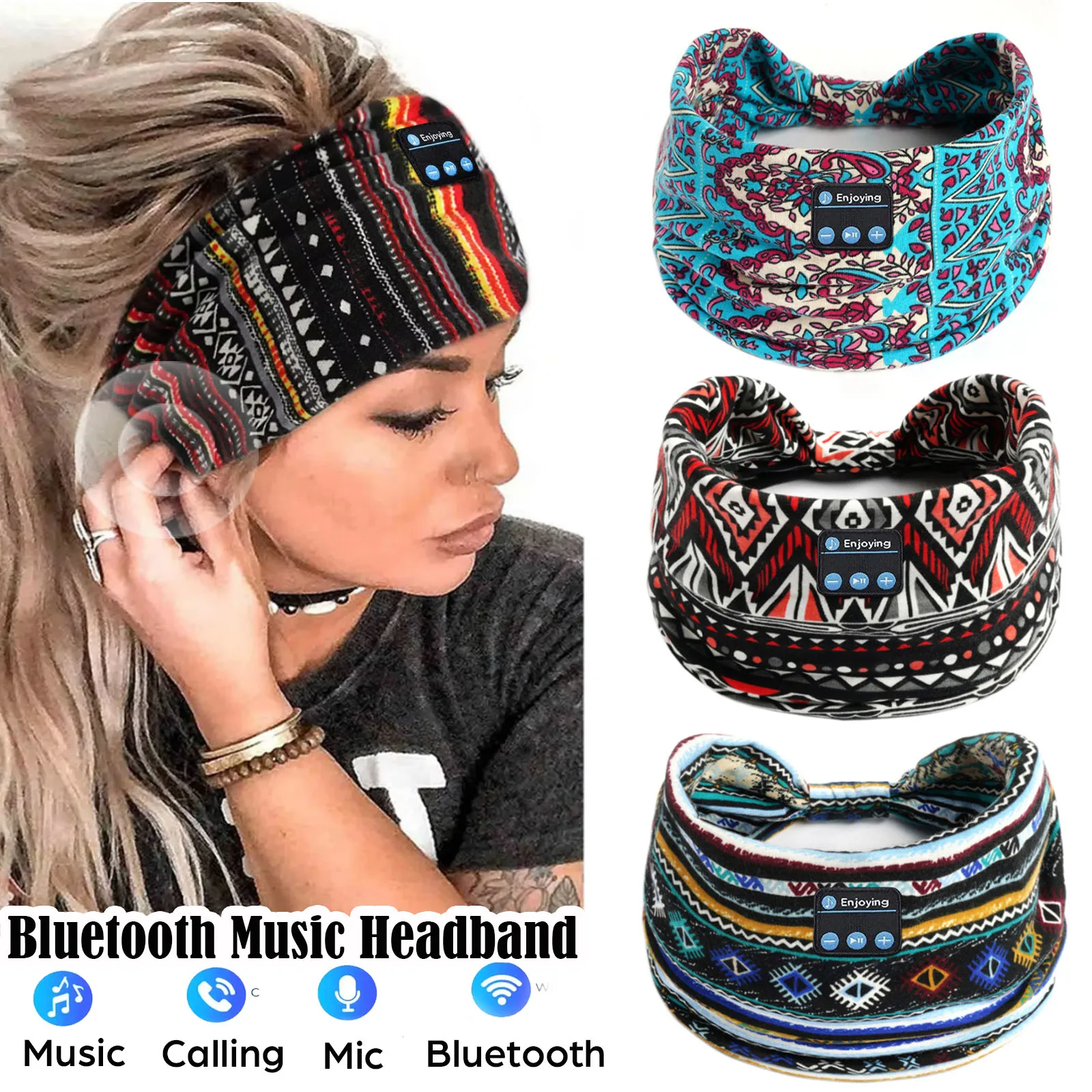2025 Wireless Bluetooth Headphones Boho Headband Sports Sleeping Head Band Earphones Elastic Breathable Music Headset Microphone