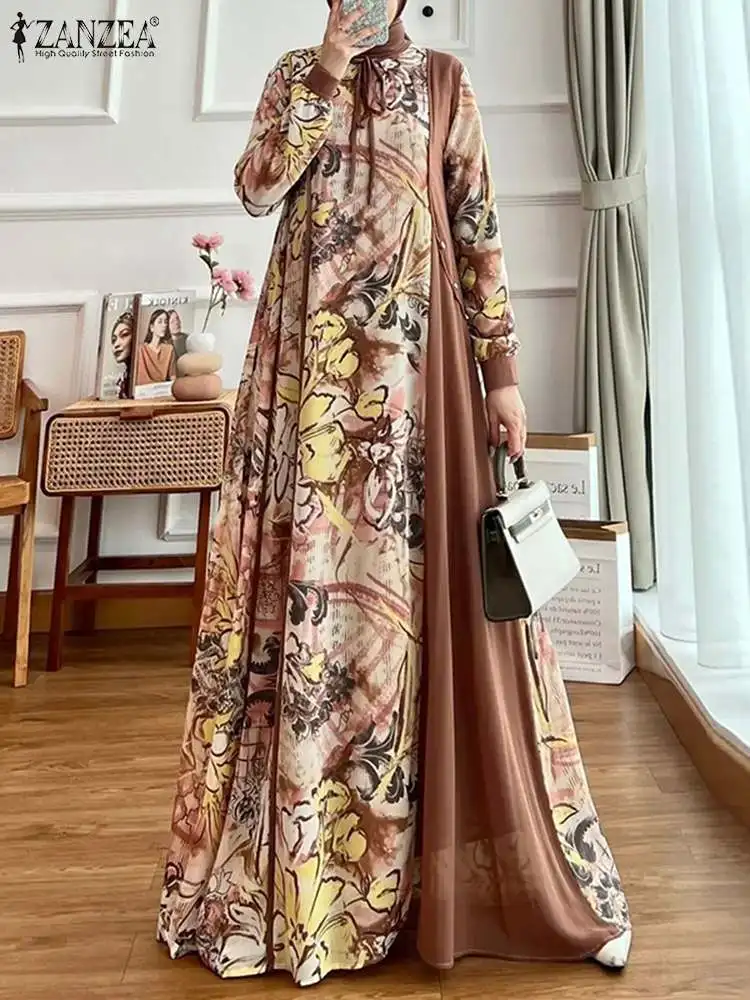 ZANZEA Floral Print Muslim Abaya Vestidos Stylish Women Elegant Long Sleeve Long Robes Patchwork Tied Neck Islamic Maxi Dress