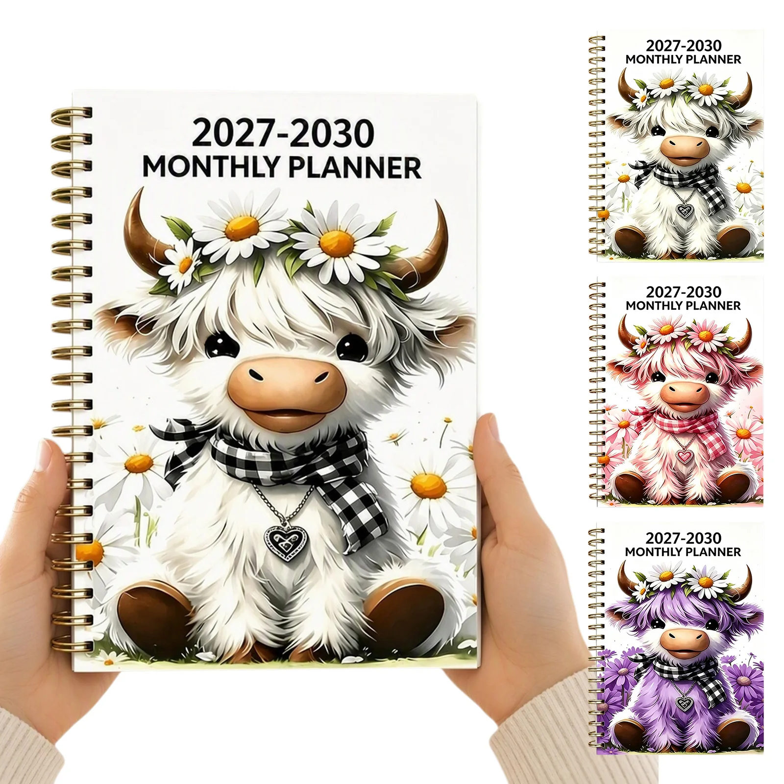 2027 to 2030 Monthly Planner Cute Cow Hard Cover Spiral Notebook A5 Lay Flat Calendar Journal