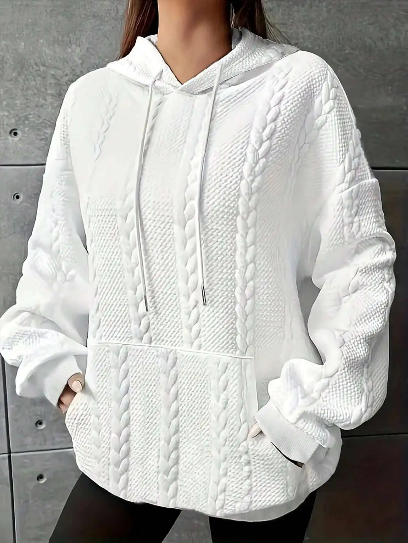 

White Cable Knit Hoodie with Drawstring, Loose Fit Pullover for Fall Winter, Casual Streetwear
