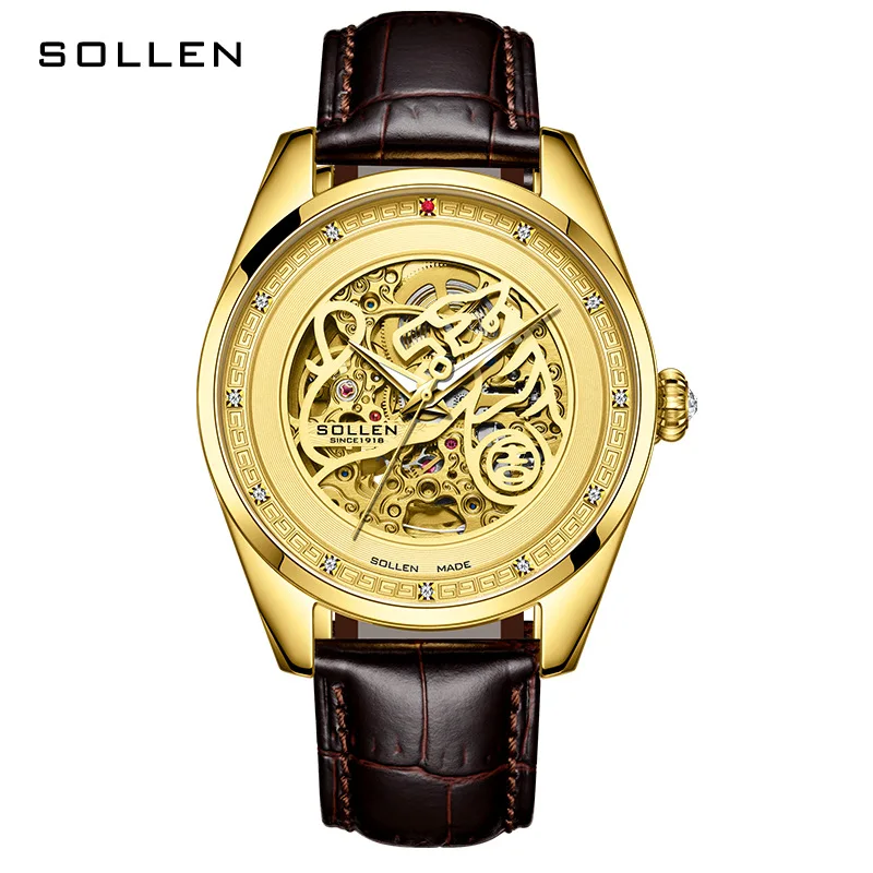 SOLLEN Orologio meccanico cavo di lusso di marca da uomo cinturino in pelle di moda impermeabile orologi automatici scheletrati in oro di fascia alta da uomo