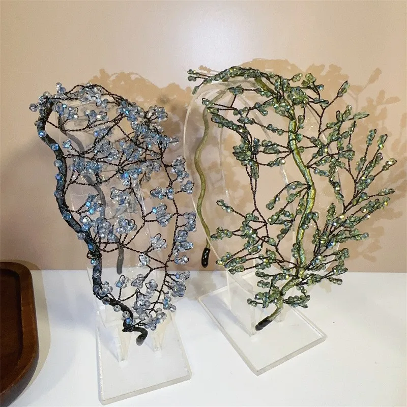 

2025 Handmade Beaded Crystal Leaf Flower Vine Headband Headwear Women Hair Net Top Grade Woven Glass Tassel Hair Band Head Wrap