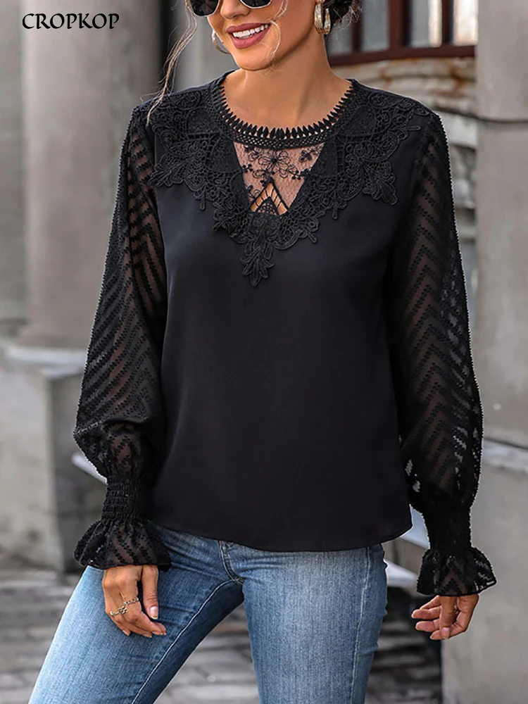 Lace Women\'s Blouse Mesh Long Sleeve Tops Elegant Black Shirts & Blouses Round Neck Pulovers Youthful Clothes For Women 2024