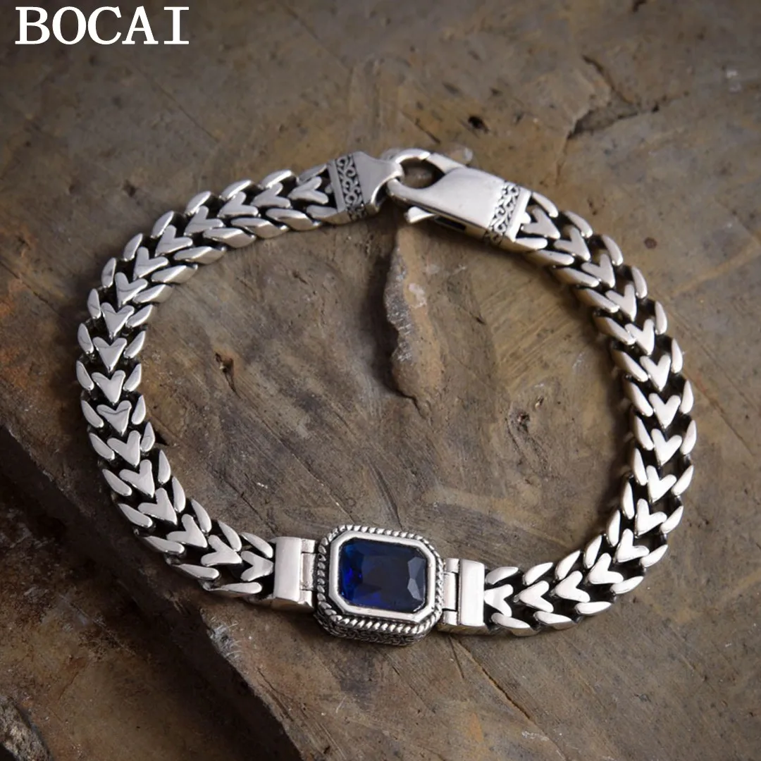 

BOCAI S925 Sterling Silver Fashionable Personality Square Diamond Heart-shaped Bracelet Men's Gift