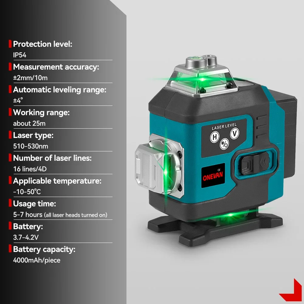 ONEVAN 16 Lines 4D Laser Level Self-Leveling 360 Horizontal And Vertical Cross Super Powerful Green Laser Level With Display