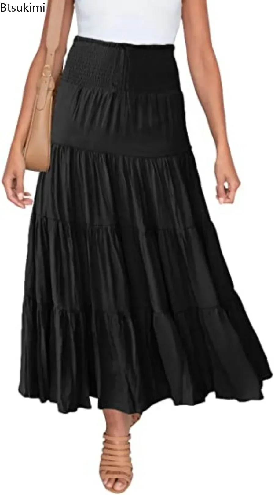 2026 Women's Fashion A-Line Long Skirts Spring Summer Holiday Party Skirts Boho Swing Beach Maxi Dresses High Waist Solid Skirts