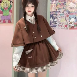 Autumn Preppy Style Gothic Lolita Skirt Set Women Vintage Ruffles Shirts Plaid Mini Cake Skirts Y2k Short Cloak Coat 3 Piece Set