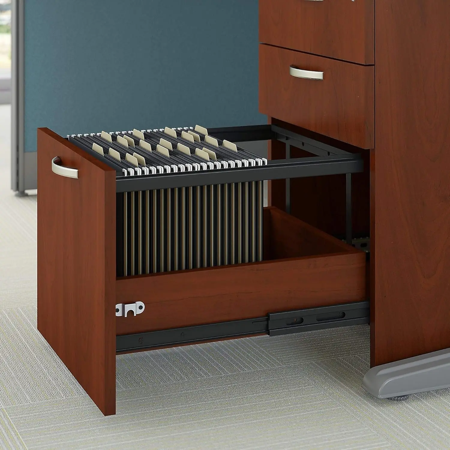 Office in an Hour L Shaped Cubicle Desks with Storage, Drawers, and Organizers | Double Workstation Set