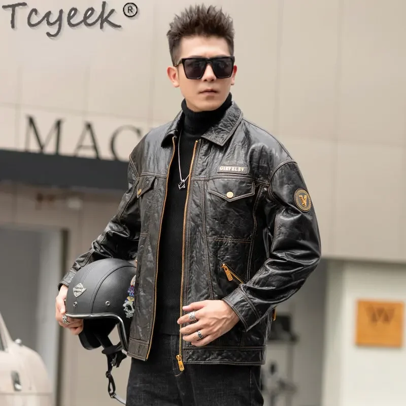 Tcyeek Spring Autumn Oil Wax Sheepskin Coat Men's Motorcycle Jacket Trendy 100% Genuine Leather Jackets Casual Short Loose Coats