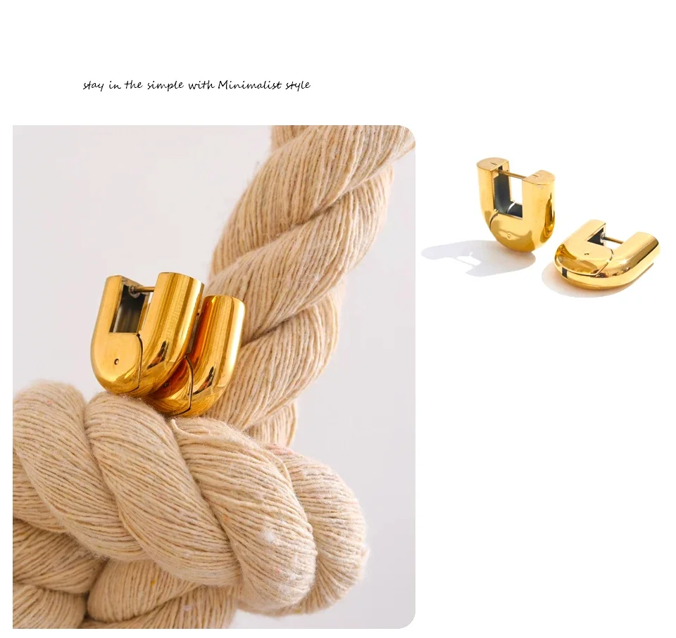 Ins Luxury Textured Hollow U Hoop Earrings Yhpup, 316L Stainless Steel 18K PVD Plated Glossy Waterproof Metal Hoops Elegant Jewelry for Ladies Street Outfit