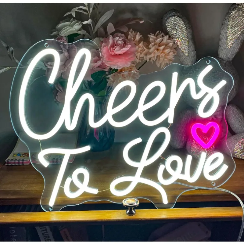 

Cheers To Love Neon Signs 14.9x12.5" Cool White Led Neon Light Up Sign for Wedding Engagement Adjustable Brightness USB Powered