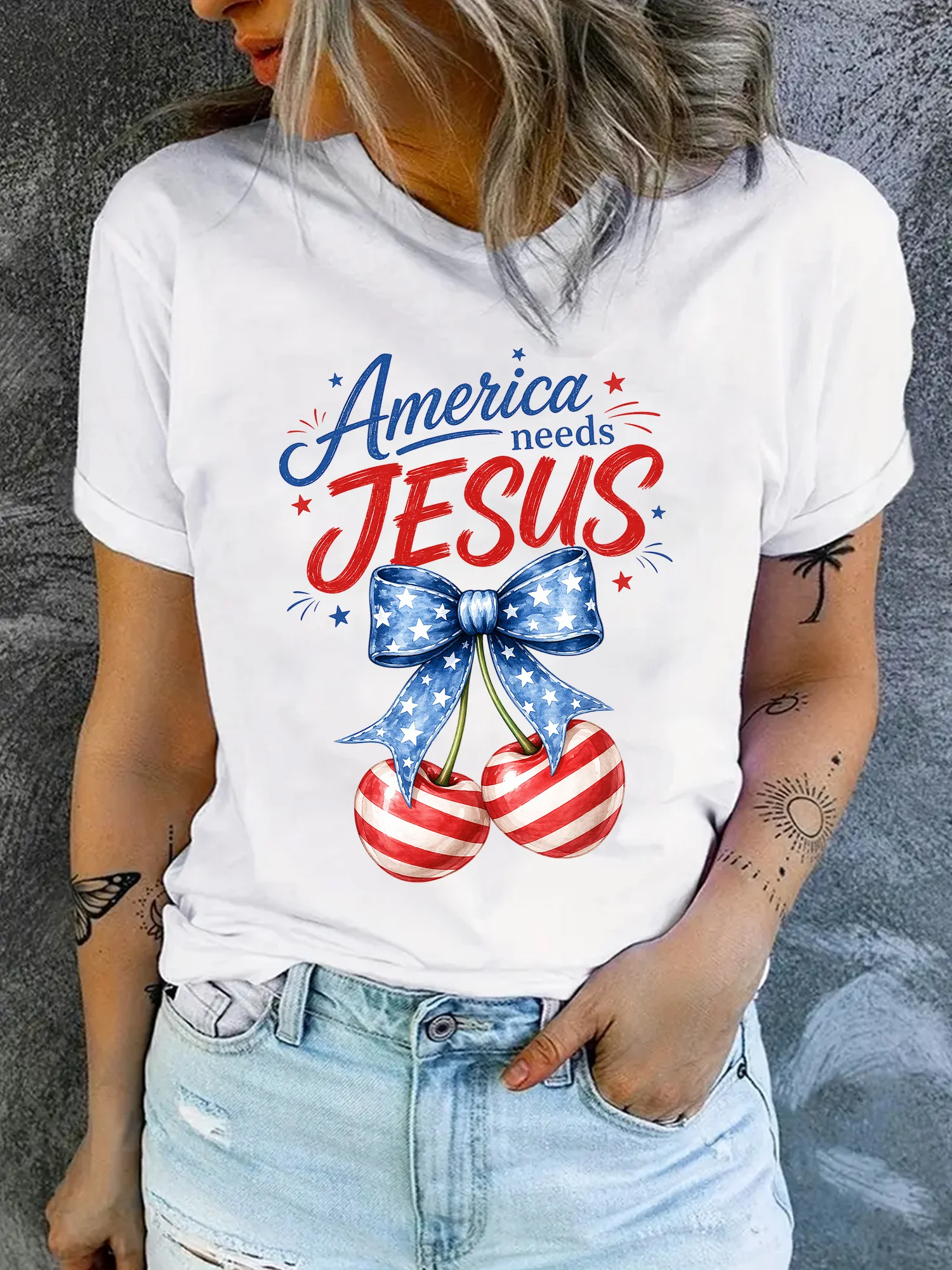 Women'S New Casual USA Needs T-Shirt -American Flag  Casual Short-Sleeve Top Featuring Cherry, Star-Spangled Bow, And Faith-Themed Prints - Women'S Religious Apparel Machine washable, stylish and versatile.