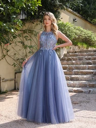 New Elegant Appliques Illusion Backless Dusty Blue Tulle A Line Evening Dress Embroidery Prom Gowns Formal Party Robe De Soiree