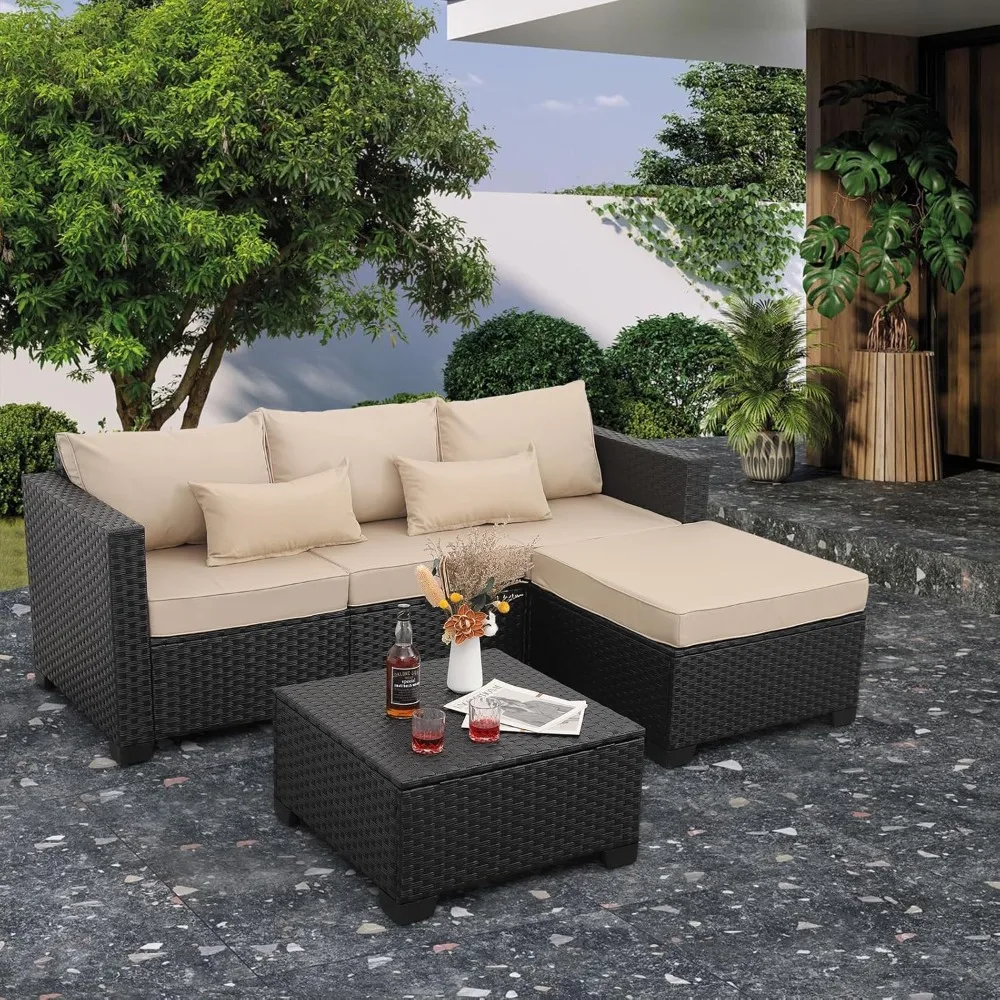 Outdoor Furniture Set of 3 Wicker Patio Furniture Outdoor Coffee Table with Storage, Weatherproof Cushions, Khaki