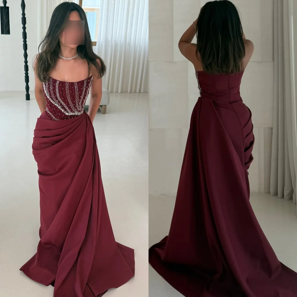 

Customized Modern Burgundy Evening Dress Temperament Strapless Sleeveless Homecoming Dresses Luxury Sweep Train Vestido De Festa