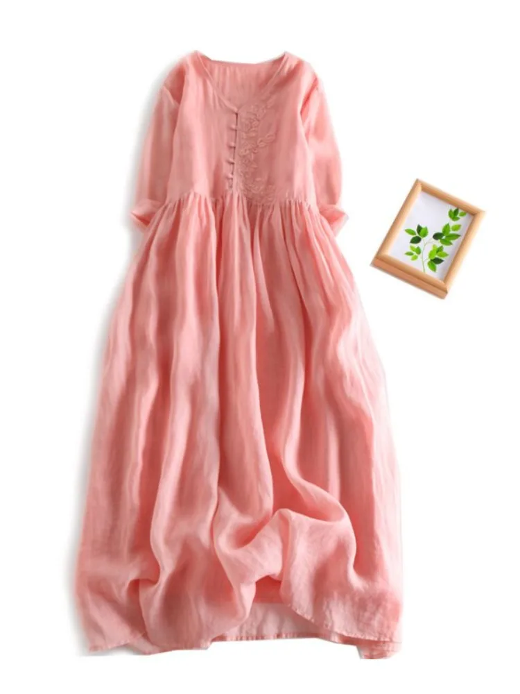 Gestickte Baumwolle Leinen Casual Sommer Dr Damen Lose Taille A-Linie Langer Rock Blumenmuster V-Ne Svel Dr