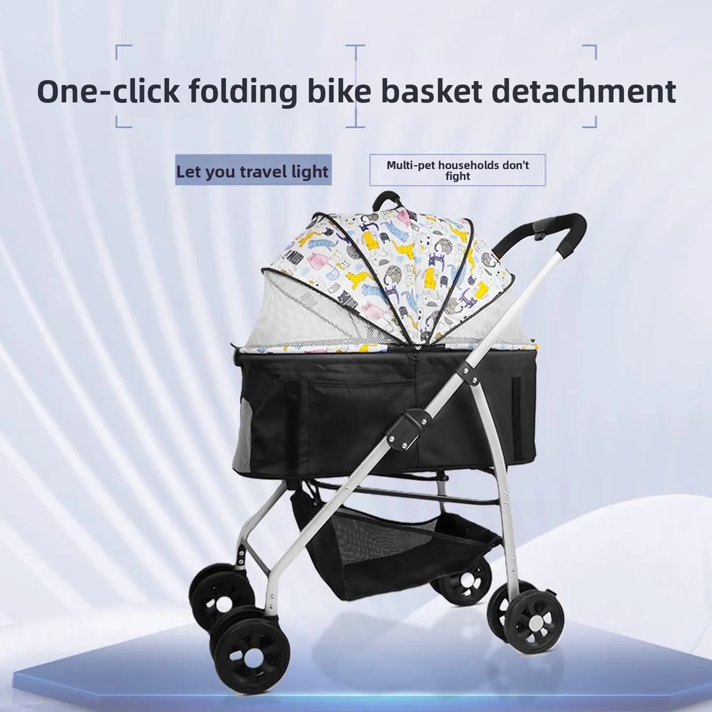 Foldable Pet Stroller, Detachable Carrier Cabin with EVA Wheels Safety Buckle Large Storage Basket for Small Dogs Cats Travel