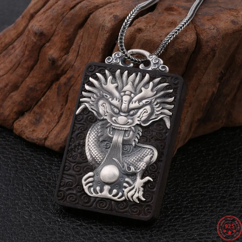 

S925 Sterling Silver Charms Pendants for Women Men New Fashion Sandalwood Divine Dragon Rectangle Card Jewelry