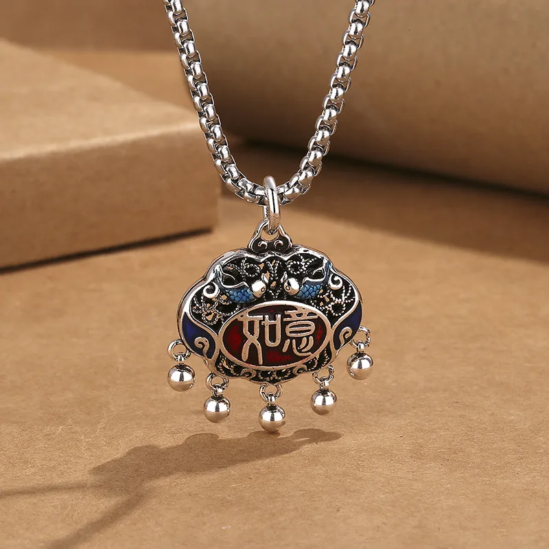 Cloisonn é enamel Ruyi long life lock necklace for women, vintage tassel sweater chain pendant jewelry.