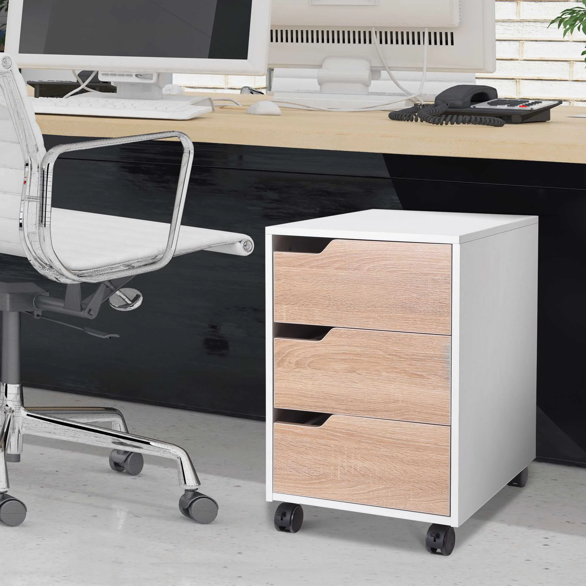 HOMCOM filing cabinet 40x50x57,5cm 3 drawers white wooden brake wheels