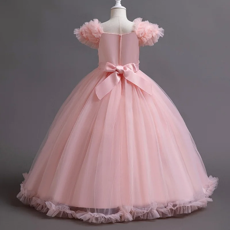 Vestido de princesa flor de manga voadora para meninas e meninos, Banquete Bow Tie, Vestido de noite high-end, novo, 4-12 anos