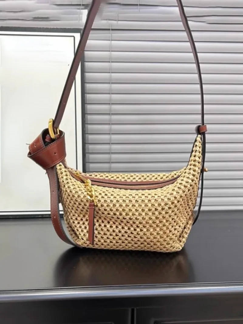 Straw Lunch Box Bag Genuine Leather Straps Hollow Out Woven Bag Beach Style Zipper Handbags Vintage Casual Mini Purse Clutch