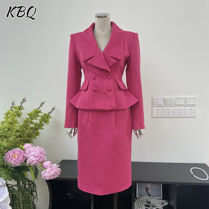 

KBQ Solid Elegant Two Piece Set For Women Lapel Long Sleeve Tunic Spliced Button Coat High Waist Skirt Temperament Sets Female