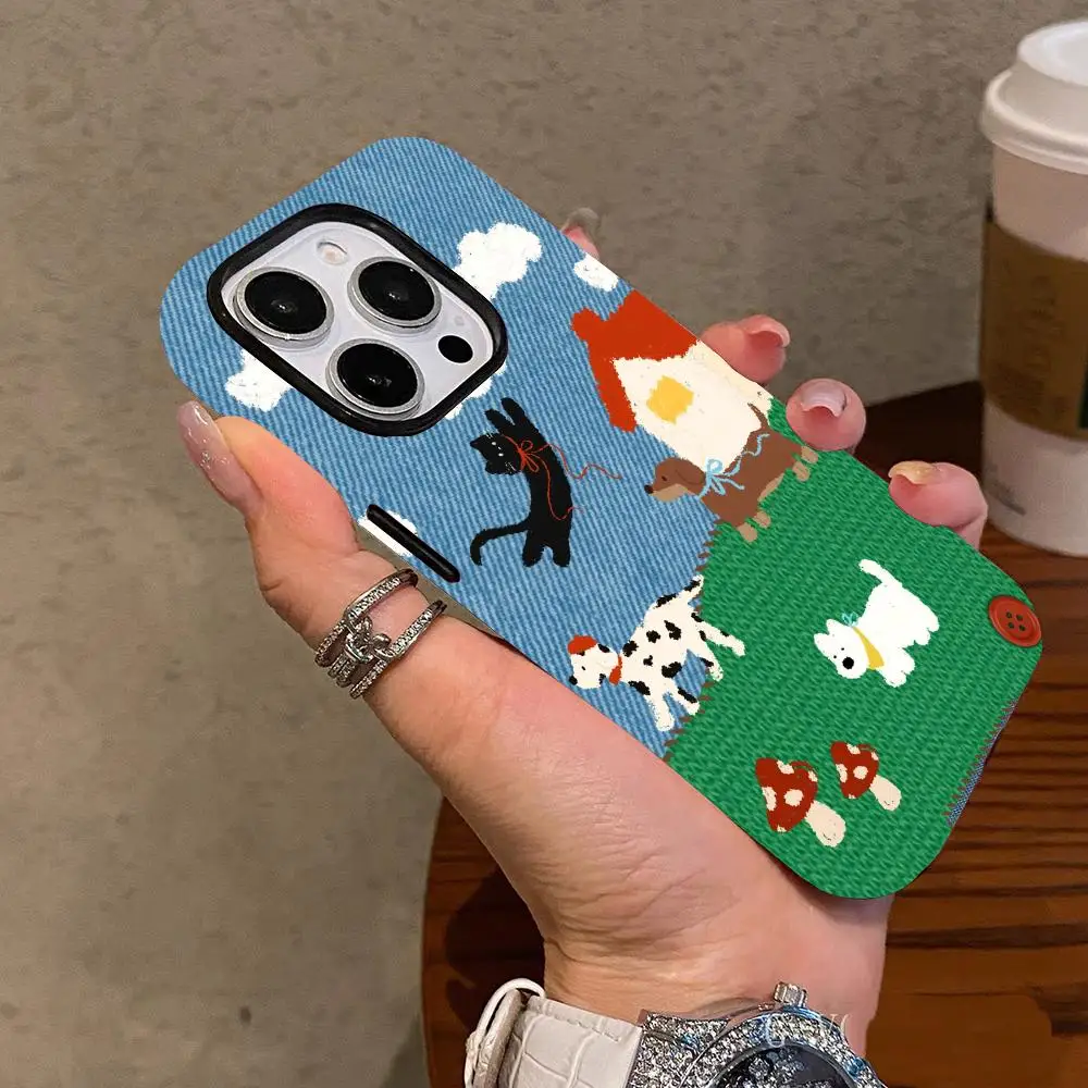 Knitted mushroom cat pattern phone case suitable for iPhone 17 16 15 14 13 12 11 Pro/Max/Plus anti drop 2-in-1 back cover