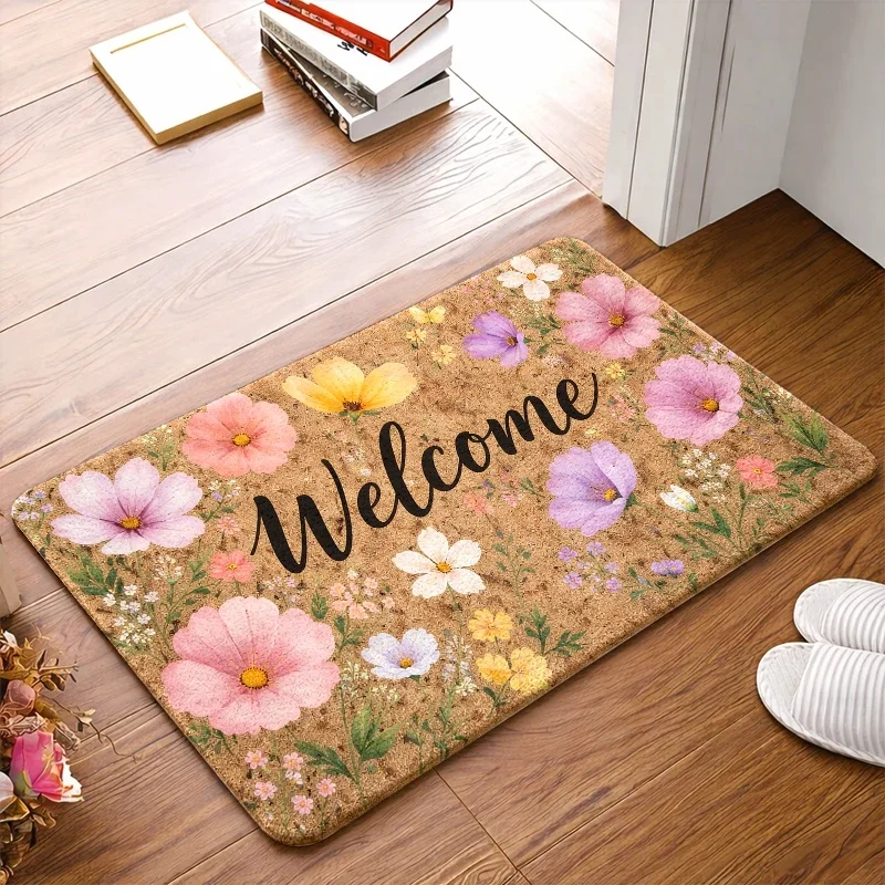 Spring Welcome Floor Rug Vibrant Wildflower Blossom Vintage Floral Pattern Decor Area Rug for Indoor Porch Home Ornament