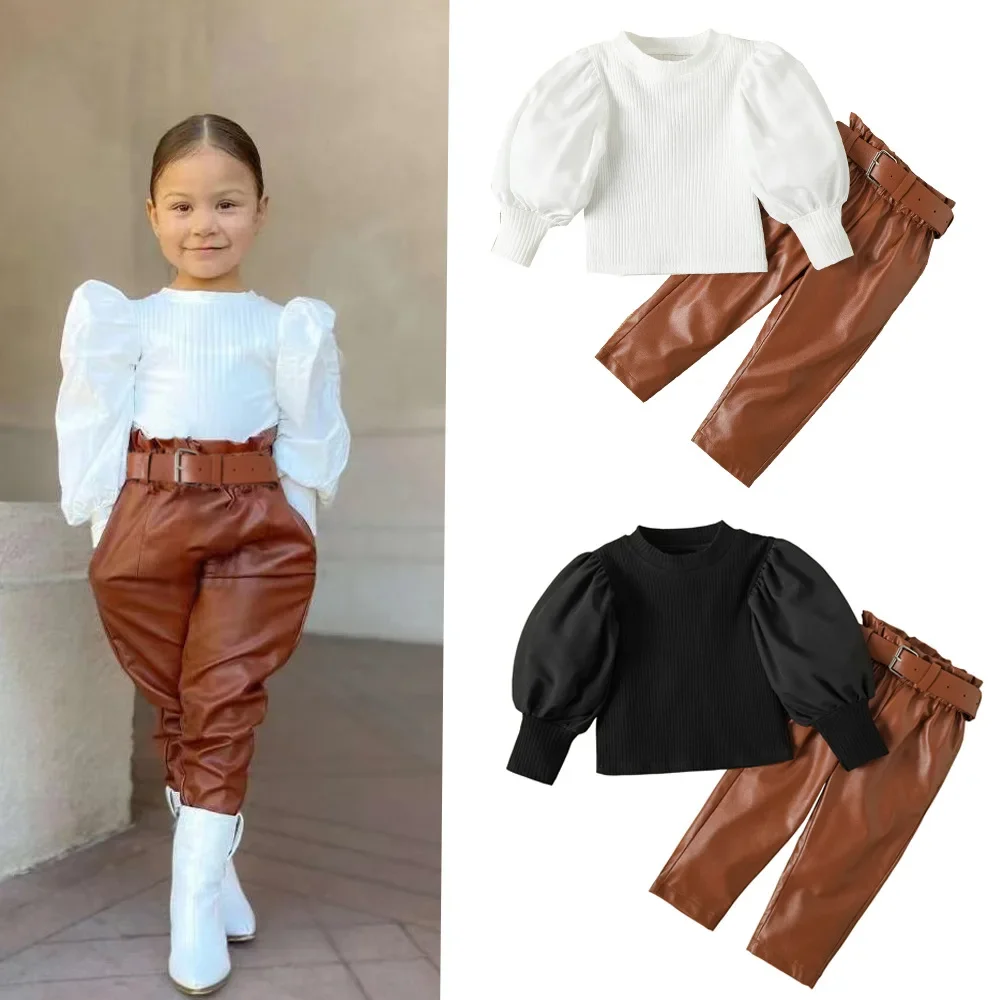 

Elegant Fashion Kids Girls Clothes Set Puff Sleeve Ribbed Blouse T Shirt Tops PU Leather Long Pants with Belt 2PCS Girls Suit