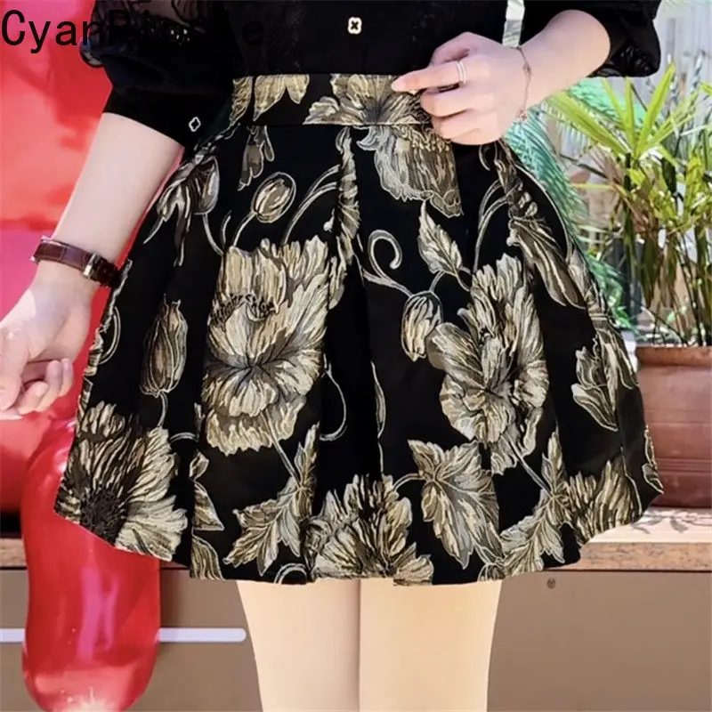 Korea New Spring Summer Vintage Flowers Jacquard Short S-line Skirt All-match High Waist Elegant Lady Ball Gown Skirts Party
