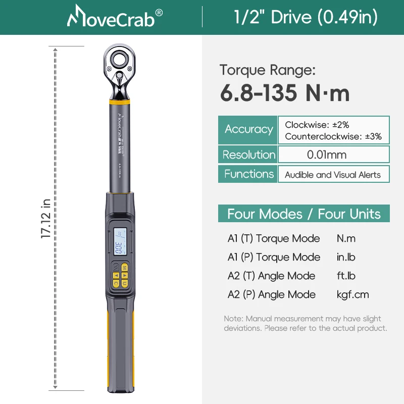 MoveCrab 3/8" 1/2" Digitale momentsleutel met hoekmeting 3-340 N.m, nauwkeurigheid 0,1° ° voor doe-het-zelf auto- en motorreparatie
