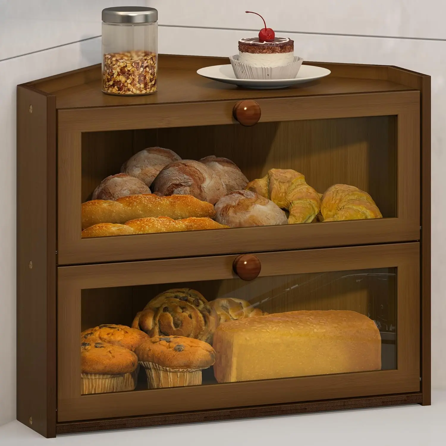 Large Bamboo Corner Bread Box with Window, Farmhouse Style Kitchen Storage Container for Countertop