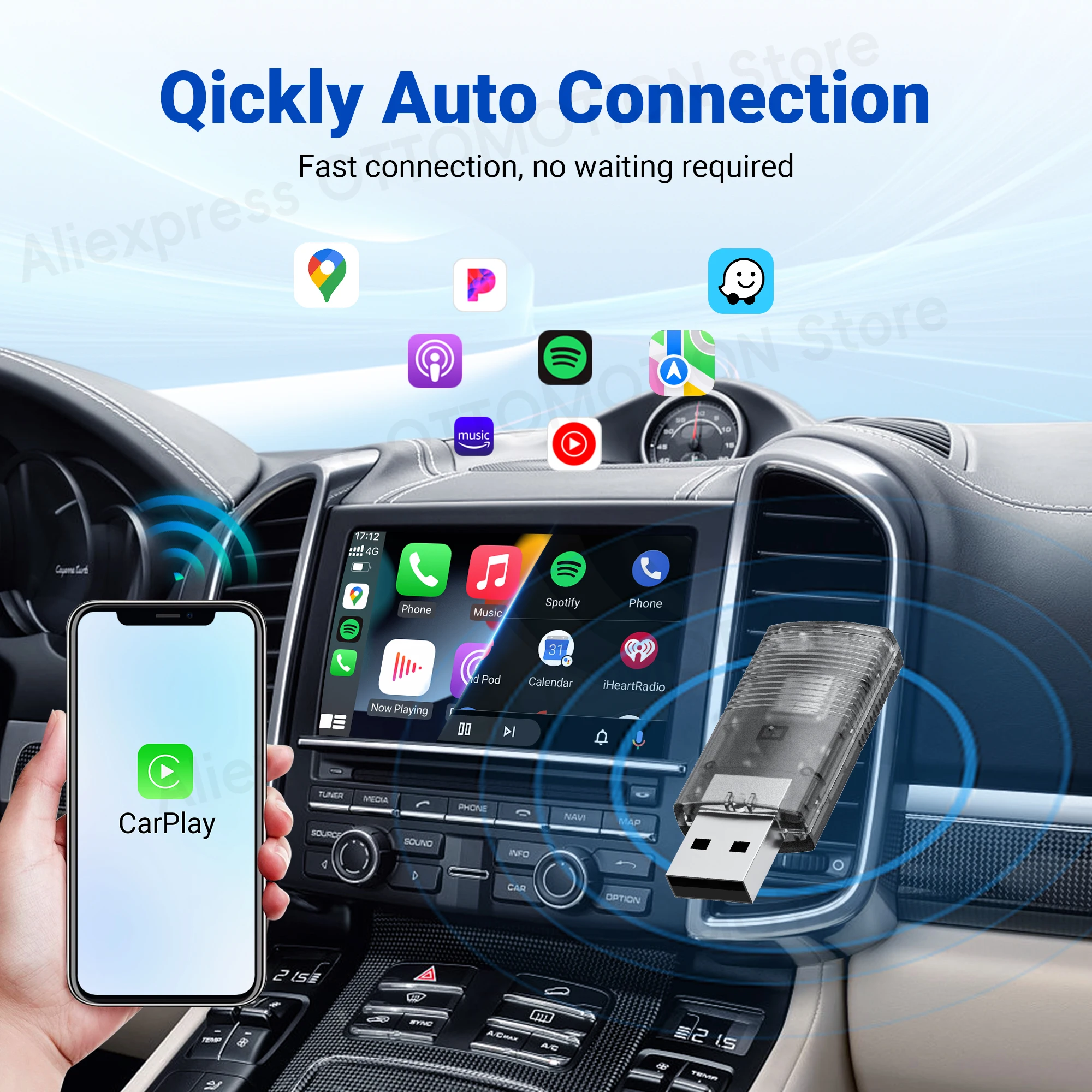 OTTOMOTION MINI Wireless CarPlay Android Auto Adapter 2 in 1 for Spotify Car Accessories for Toyota VW Renault Ford Benz Opel